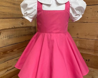 Pink storybook cottage dress for girls, vintage inspired  toddler dress, whimsical fantasy outfit, classic peter pan collar dress.