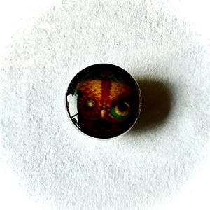 May include: A round, silver-toned button featuring a detailed owl design. The owl has orange, brown, and green coloring, with a focused gaze. The button is set against a white background.