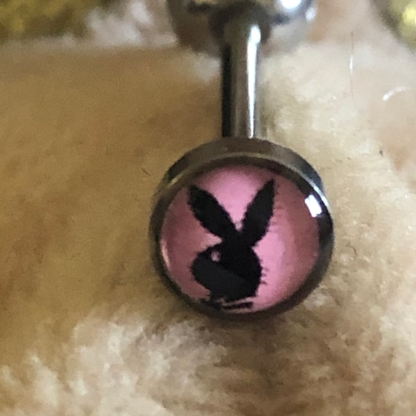 Tongue Ring, Playboy Bunny Tongue Barbell, Barbell, 316 L Surgical Steel, Black Bunny, Pink