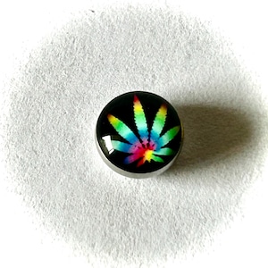 May include: A circular body jewelry plug featuring a black background with a vibrant, multi-colored rainbow leaf graphic centered on the face. The piece has a smooth, polished metallic edge and a glossy, domed surface finish.