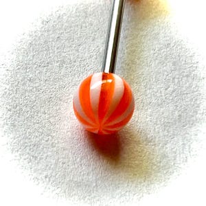 Orange & White Stripe Tongue Ring - 14 Gauge Acrylic Barbell