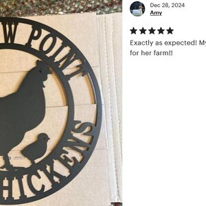 May include: Black metal sign with the text "Shadow Point Farm Chickens" in a circle. A silhouette of a hen and a chick are in the center of the circle.