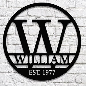May include: Black metal circle sign with the letter "W" in a large font and the name "WILLIAM" in a smaller font below. The text "EST. 1977" is below the name.