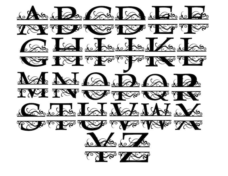 Op de afbeelding: Een zwart-wit alfabetlettertype met decoratieve versieringen. Elke letter is in twee&euml;n gesplitst met een decoratieve lijn en een versiering aan beide kanten. De letters zijn in hoofdletters.