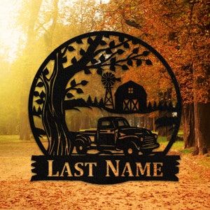 Old truck  Scene Sunset tree sign Personalized Metal Monogram, Wedding Gift. Family, Outdoor Name Sign, Last Name,Front Door