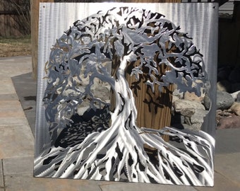 Square Tree of life Home Decore Brushed steel clear coat. wedding gift resolving birthday.