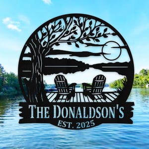 Personalized Lake House Metal Sign: Sunset Dock Scene, Family Name Monogram