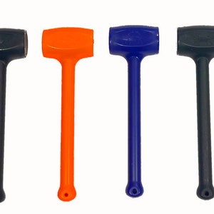 May include: Four rubber mallets in different colors: black, orange, blue, and gray. The mallets have a rounded head and a long handle.