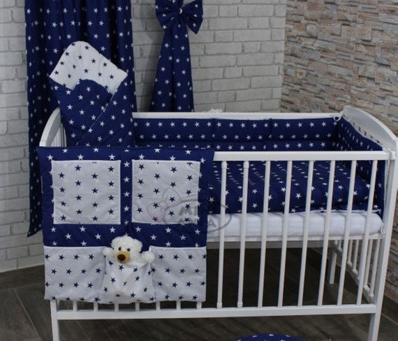 Fit to Cot 120x60 cm, Navy Stars on White MillaLu 3 Pcs Baby Nursery Bedding Set fit to Cot 120x60cm or Cot Bed 140x70cm Padded Bumper