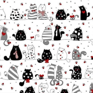 May include: A white background with a repeating pattern of black and white cats with red accents. The cats are in various poses, some are sitting, some are standing, and some are lying down. The cats are all wearing different patterns, including stripes, polka dots, and hearts.