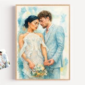 Bruiloftsportret van foto, aangepaste paarillustratie, gepersonaliseerd cadeau voor jubileum, aquarel, verlovingsaandenken