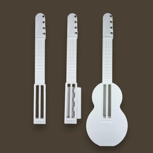 May include: Three white guitars against a brown background. The guitars are minimalist in design, with a focus on the neck and strings. One guitar has a full body, while the others are more streamlined.