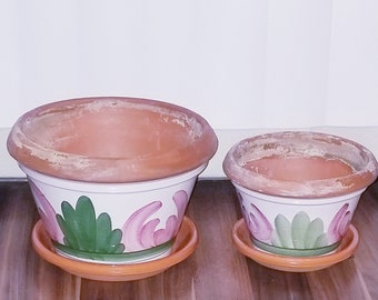 2 Italian Planters- Flower pots-Decorative-Indoor-Outdoor Plant with Saucers. 100% Terracotta. Handpainted and Glazed.Made in Italy.