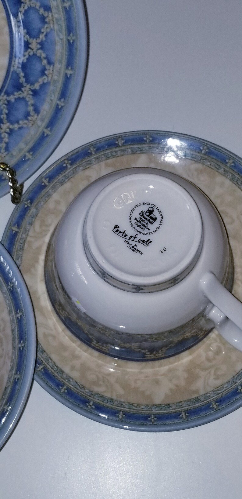 Soup Bowl Tea cup and Saucer- Stoneware-Dinnerware Set .Made in England. 1990s Vintage Churchill 4 pieces Dinnerset -Salad plate
