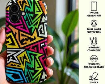 MagSafe Tough Phone Case | Abstract Geometric Graffiti Design | Colorful Shockproof Dual Layer Cover for iPhone 16 15 14 13, Samsung S24, Pi