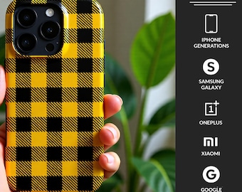 Yellow and Black Checkerboard Tough Phone Case | Dual Layer Heavy Duty Protection | Aesthetic Pattern Cover for iPhone, Samsung, Google Pixe