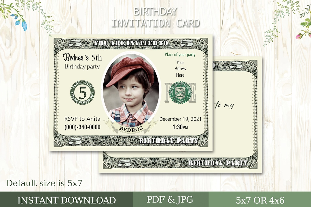 Birthday Card Invitation, Dollar Bill Invitation, Birthday Invitation