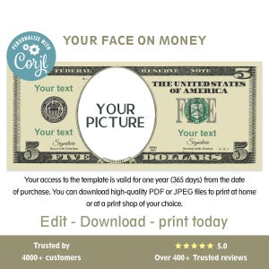 Editable Five Dollar Bill, Money Bill Art, Digital Money, Your face on money, Customized Bucks, Editable Corjl Template