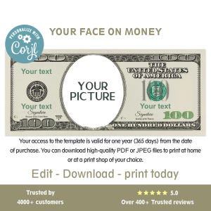 Bearbeitbarer Hundert-dollar-Schein, Geldscheinkunst, digitales Geld, Ihr Gesicht auf Geld, kundenspezifische Bucks, bearbeitbare Corjl-Vorlage