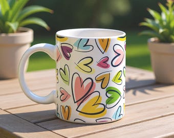 Colorful Heart Mug, Cute Love Pattern Coffee Mug, Romantic Gift for Her, Valentine Coffee Cup, Pastel Hearts Mug, 11 oz Ceramic Mug
