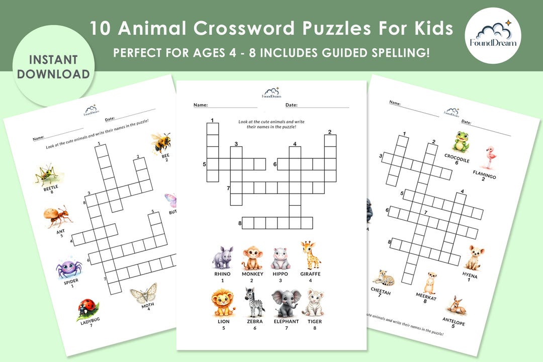 10 Animal Crossword Activity Pages for Kids - Safari Jungle Theme ...