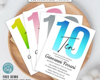 Modern 10th Birthday Invitation Template, Tenth Birthday Invite for Boys or Girls, Editable Corjl Mobile Invitation, 4 Color Variants