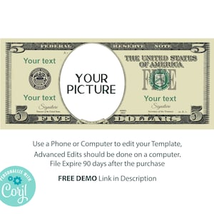 Editable Five Dollar Bill, Money Bill Art, Digital Money, Your Face on