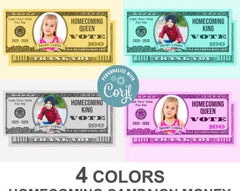 Homecoming Campaign Money with Face, Vote for Queen Dollar Bill Template, Personalized School Election Favors, Editable Corjl template