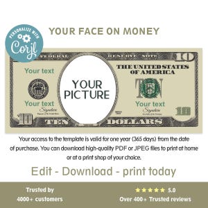 Editable 10 Dollar Bill, Money Bill Art, Digital Money, Your face on money, Customized Bucks, Editable Corjl Template