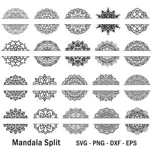 Paquete SVG de mandala dividido, marco de mandala con monograma para Cricut, diseño floral geométrico dividido, arte de tatuaje zen bohemio, archivo cortado con láser