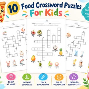 Può includere: Tre fogli di carta bianca con cruciverba a tema alimentare per bambini. Le pagine includono illustrazioni di animali, frutta e bevande con griglie vuote corrispondenti per scrivere i nomi. Il titolo in alto recita 10 Food Crossword Puzzles For Kids.