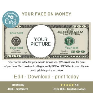 Custom Face Dollar Bill Art: Editable Money Template (Corjl)