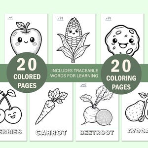 Libro da colorare di frutta, colorare verdure, frutta e verdura, snack salutari, colorazione digitale, foglio da colorare di frutta, PDF da colorare per bambini piccoli