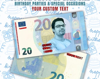 Custom Face on 20 Euro Bill, Personalized Euro Play Money I Design For You, 20th Birthday Party Favor, Gag Gift for Him Her
