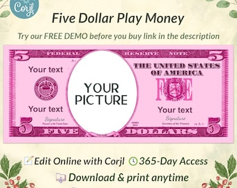 Custom Pink 5-Dollar Face Money Bill Art, Novelty Gift (Editable Corjl Template)