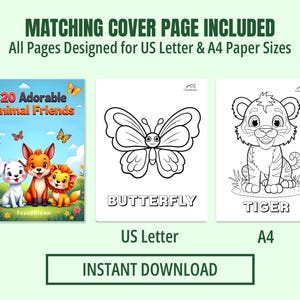 Digital download animal coloring book cover showing a group of kawaii forest animals. Graphic indicates the PDF is available in US Letter and A4 sizes for instant download.