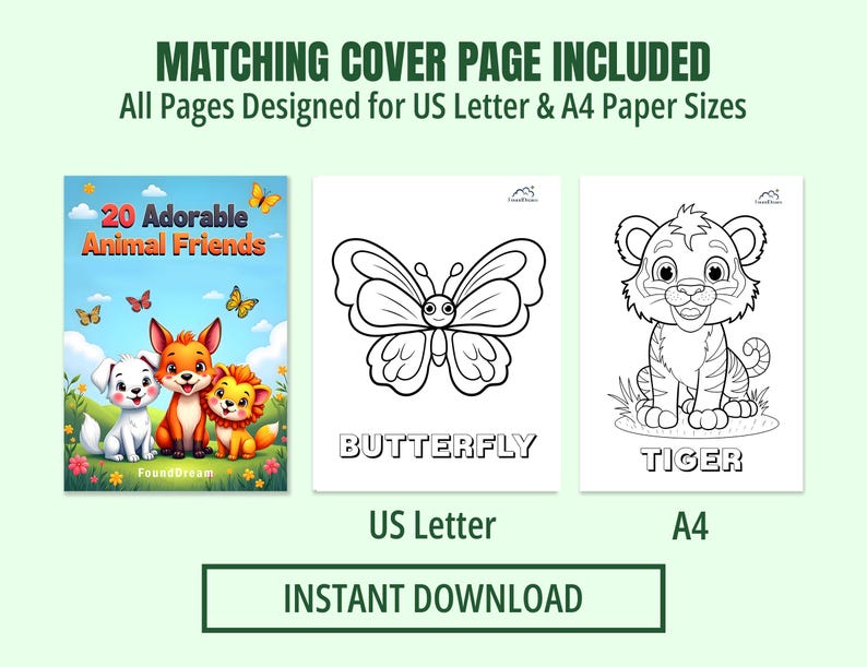 Digital download animal coloring book cover showing a group of kawaii forest animals. Graphic indicates the PDF is available in US Letter and A4 sizes for instant download.
