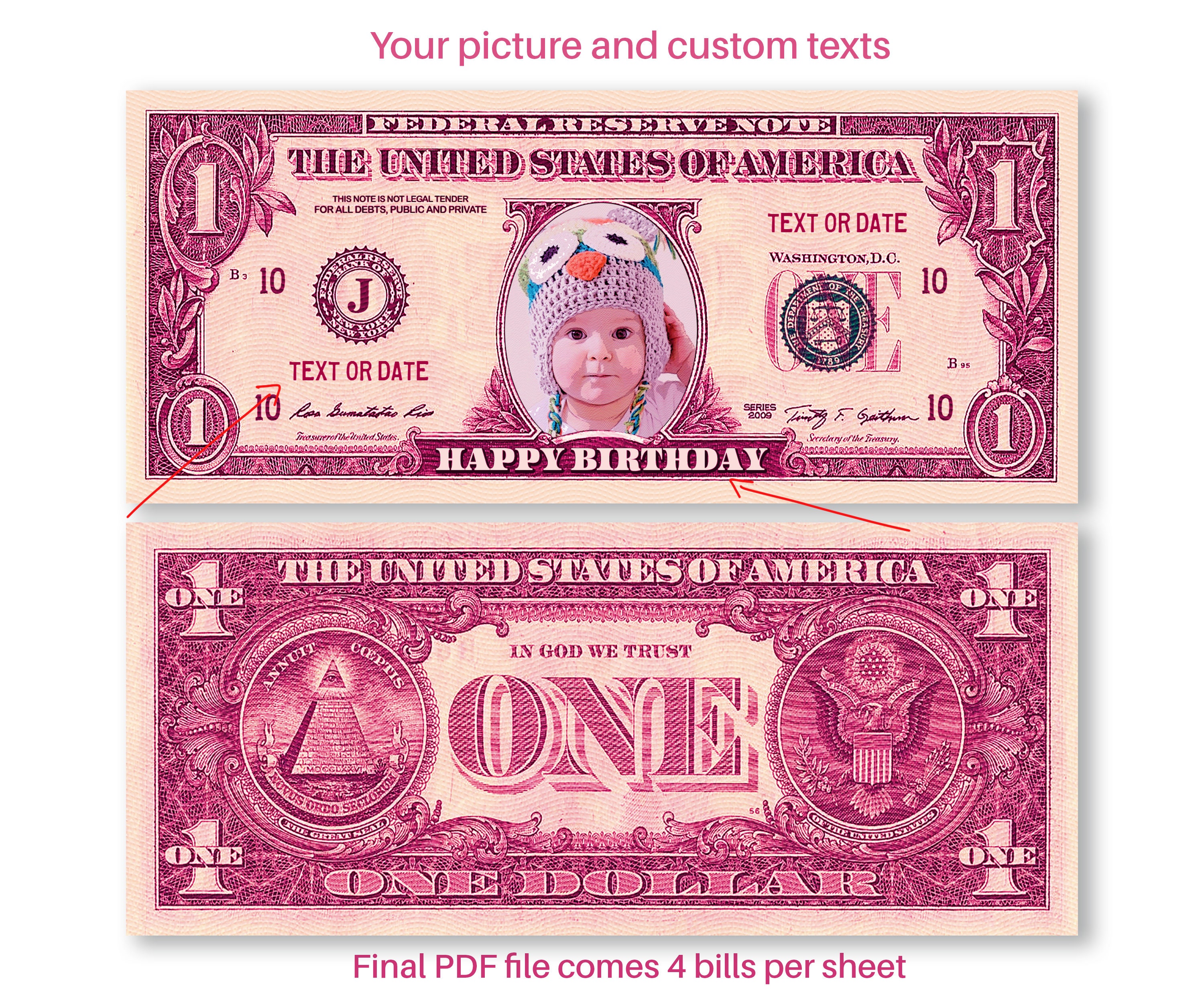 Custom One Dollar Pink One Dollar Bill Art Personalized Etsy