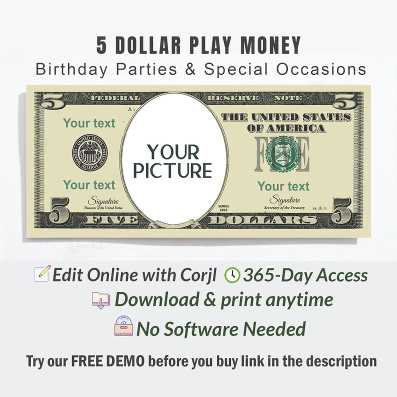 Custom Face on 5 Dollar Bill, Personalized Play Money for 5th Birthday ...