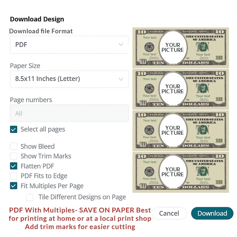 Custom Money File Custom Face Money Bundle, 8 Denominations Personalized Play Money ...
