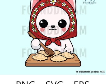 Babushka Cat Pierogi T-shirt Design, SVG PNG EPS for Printing, Cute Slavic Cat Making Dumplings High-Res Digital Download