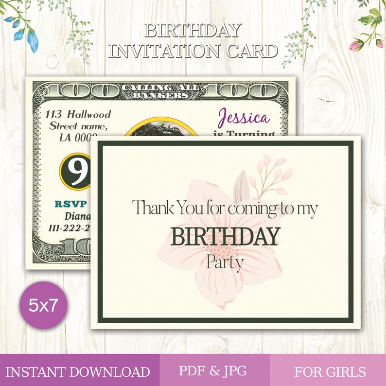 Dollar Bill Invitation Card Birthday Party Girl Invitation Etsy