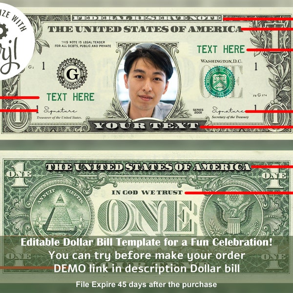 Editable One Dollar Bill, Money Bill Art, Digital Money, Your face on money, Customized Bucks, Editable Corjl Template