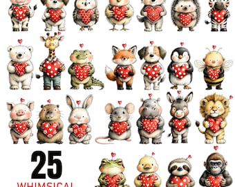 25 Whimsical Valentine Animal Clipart PNG - 300 DPI Transparent Background - Kawaii Animals with Hearts - Sublimation Design - Cricut Files