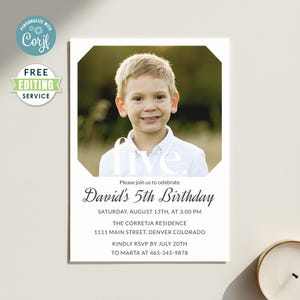 May include: A rectangular birthday invitation card featuring a photograph of a young child. The text reads: five. Please join us to celebrate David's 5th Birthday, Saturday, August 13th, at 3:00 PM, The Corretja Residence, 1111 Main Street, Denver Colorado, Kindly RSVP by July 20th to Marta at 465-345-9878.