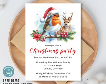 Christmas Party Invitation – Robin & Reindeer – Editable Winter Template