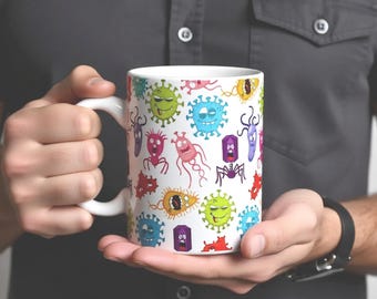 Cute Microbiology Mug | Colorful Germ Monster Coffee Mug | Science Lover Gift | Biology Teacher Mug | Lab Technician Present | 11 oz Ceramic