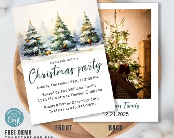 Christmas Party Invitation – Winter Forest Holiday Party – Editable Template with Photo Back & Snowy Trees