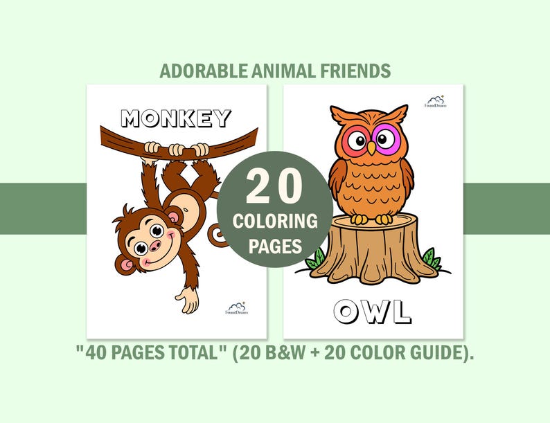 Libro da colorare con simpatici animali per bambini piccoli, pagine da colorare per bambini con guida ai colori, schede didattiche prescolastiche, download digitale immediato. immagine 13