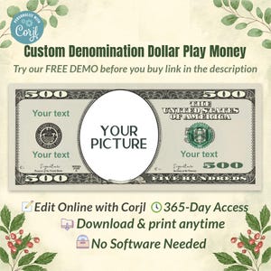 Custom Denomination Face on Dollar Bill Art: Editable Money Template (Corjl)